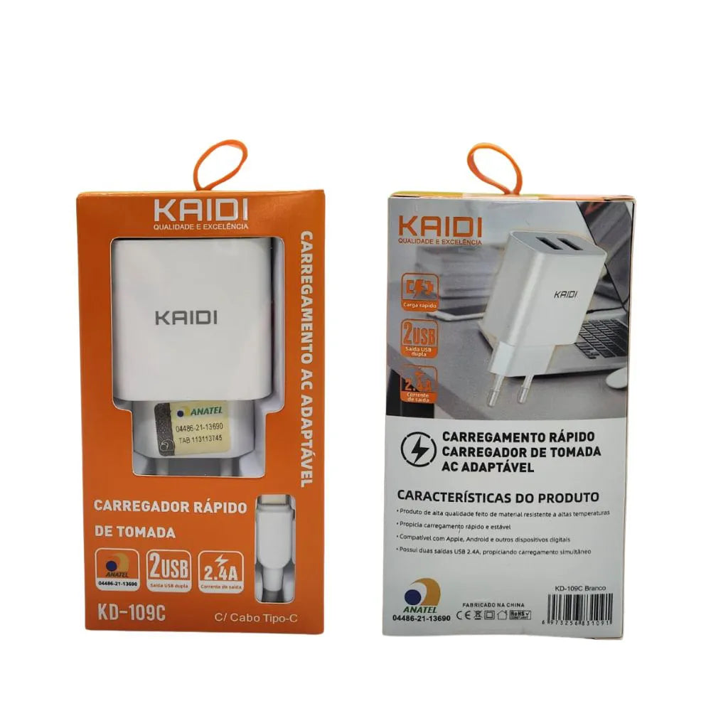 KIT CARREGADOR DE CELULAR 2.4A DUAL USB - KAIDI - KD-109