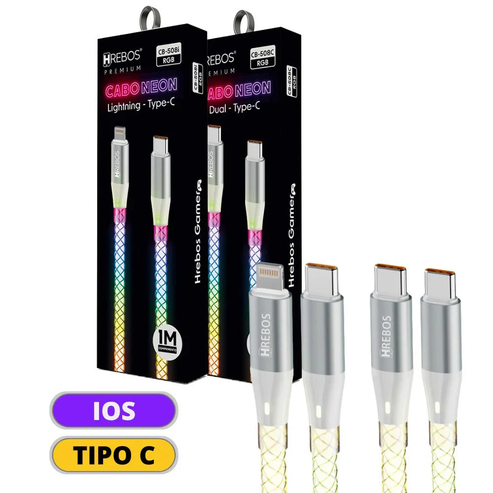 Cabo de Dados Tipo-C Led Light Rainbow - 1 Metro - Hrebos - CB-508